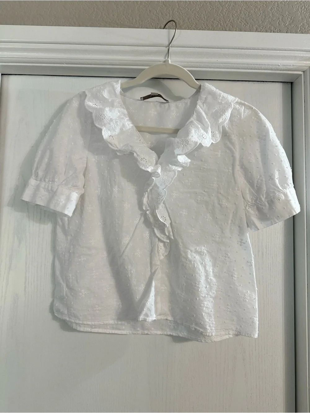 LOFT White Eyelet Ruffle Collar Blouse